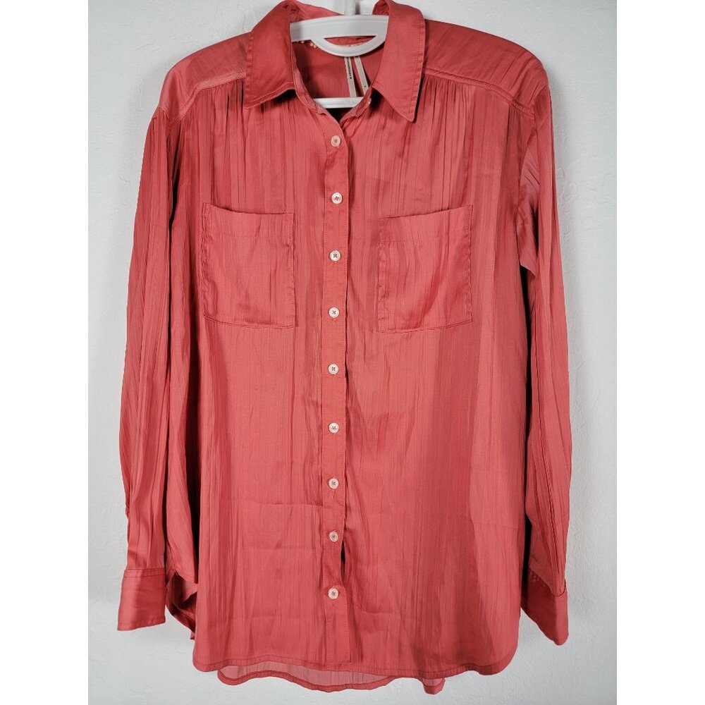 Anthropologie Women Button-Up Shirt Small Coral Pockets Long Sleeve Lightweight